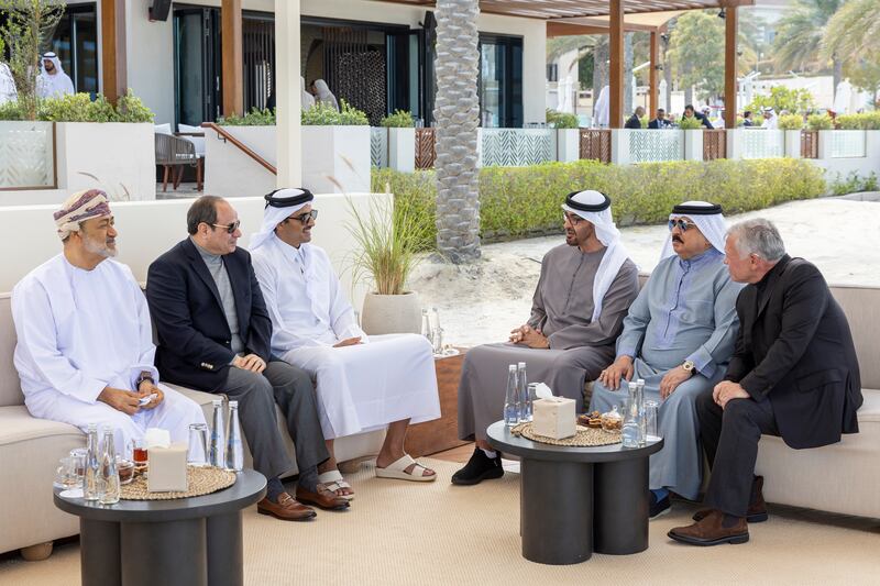 Sheikh Mohamed meets with Jordan's King Abdullah II, right; King Hamad of Bahrain, second right; Qatar's Sheikh Tamim, fourth right; Egypt's President Abdel Fattah El Sisi, fifth right; and Oman's Sultan Haitham, left
