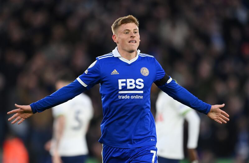 Harvey Barnes after scoring Leicester City's fourth goal. Getty