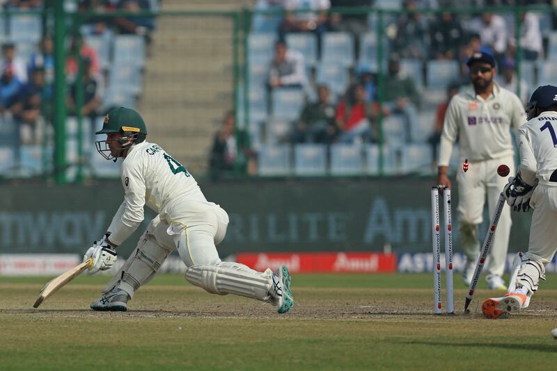 Australia's Alex Carey is bowled out by India spinner Ravindra Jadeja for seven. Reuters