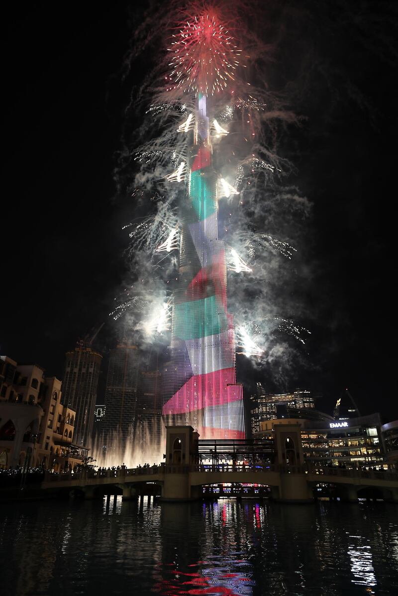 DUBAI , UNITED ARAB EMIRATES – Dec 31 , 2019 : Fireworks display on Burj Khalifa for the new year 2020 celebration at Dubai Mall in Downtown Dubai in Dubai. ( Pawan Singh / The National ) For News/Online/Instagram