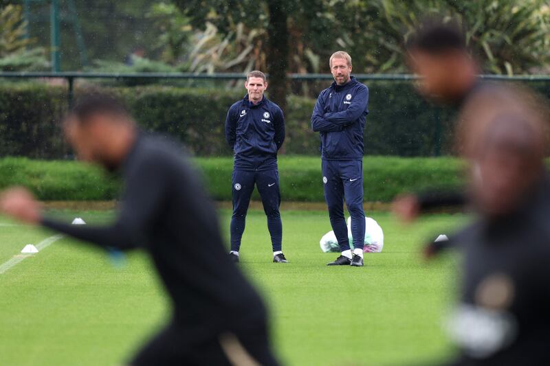 Chelsea manager Graham Potter oversees training. AFP