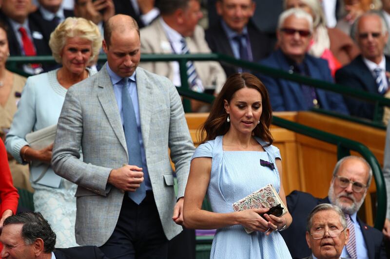 Catherine, Duchess of Cambridge and Prince William, Duke of Cambridge take their seats in the Royal Box prior to the Men's Singles final between Novak Djokovic of Serbia and Roger Federer of Switzerland during Day thirteen of The Championships - Wimbledon 2019 at All England Lawn Tennis and Croquet Club on July 14, 2019 in London, England. (Photo by Clive Brunskill/Getty Images)