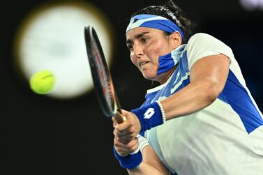 Ons Jabeur of Tunisia in action against Tamara Zidansek of Slovenia during their first round match at the 2023 Australian Open tennis tournament at Melbourne Park in Melbourne, Australia, 17 January 2023.   EPA / JOEL CARRETT AUSTRALIA AND NEW ZEALAND OUT