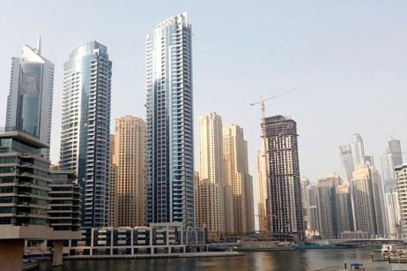 Dubai, United Arab Emirates - September 12, 2012.  The Bay Central towers close to the Marina creek.  ( Jeffrey E Biteng / The National )  Editor's Note; Two identical towers were the Bay Central.