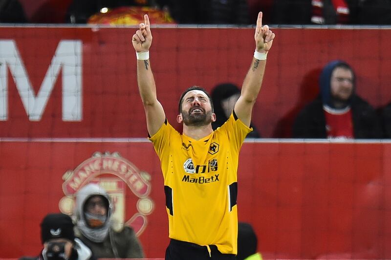 Wolverhampton's Joao Moutinho  celebrates after scoring the 0-1 goal during the English Premier League match between Manchester United and Wolverhampton Wanderers. EPA