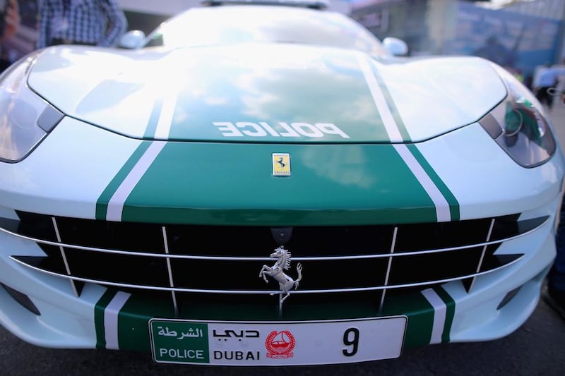 A Dubai Police Ferrari supercar on display during the Dubai Airshow. Christopher Furlong / Getty Images