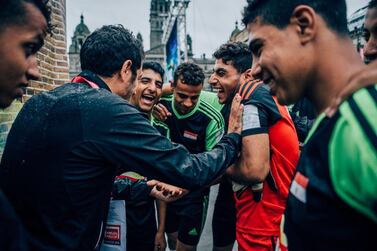 Coach and one of the co-founders of NAFAS Mohamed Abou Hussein speaking to the boys at Nafas first time at the  Glasgow 2015 Homeless World Cup. Photo: NAFAS