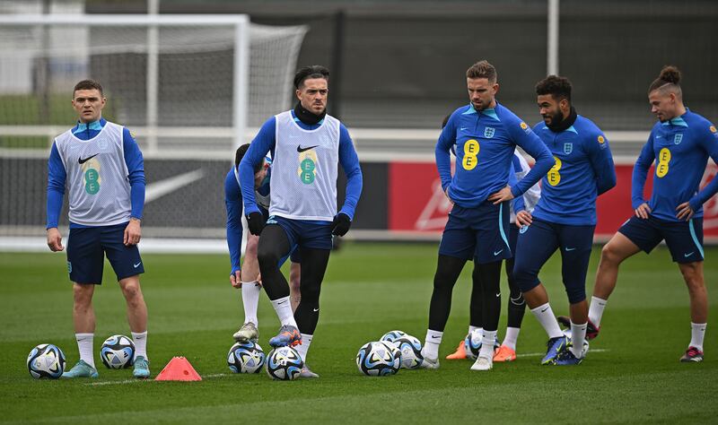 Left to right: England's Kieran Trippier, Jack Grealish, Jordan Henderson, Reece James and Kalvin Phillips training at St George's Park. AFP