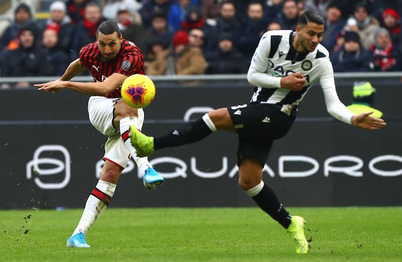 Zlatan Ibrahimovic takes a shot at goal for AC Milan against Udinese. Getty Images