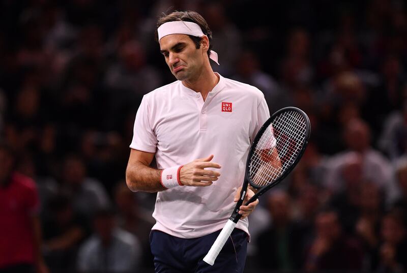 PARIS, FRANCE - NOVEMBER 03: Roger Federer of Switzerland looks dejected during his Semi Final match against Novak Djokovic of Serbia on Day 6 of the Rolex Paris Masters on November 3, 2018 in Paris, France. (Photo by Justin Setterfield/Getty Images)