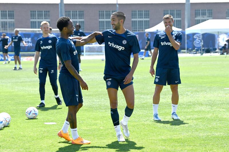 Raheem Sterling and Hakim Ziyech during a training session at Drake Stadium UCLA Campus in Los Angeles, California. 