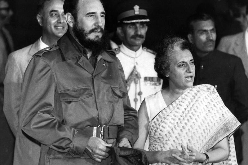Fidel Castro and Indian prime minister Indira Gandhi at a meeting in the United States in 1976. Oficina de Asuntos Historicos del Consejo de Estado / AFP