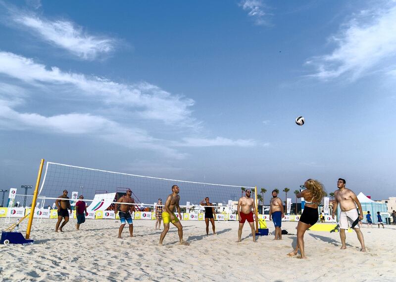 DUBAI, UNITED ARAB EMIRATES. 18 OCTOBER 2019. 
Volleyball at Kite Beach Fitness Village.

The city launches the third edition of the Dubai Fitness Challenge (DFC) today with wide range of activities across the city that will be accessible to the entire Dubai community.   Here, Kites Beach is converted into a dedicated fitness village with different zones for free outdoor activities.

(Photo: Reem Mohammed/The National)

Reporter:
Section: