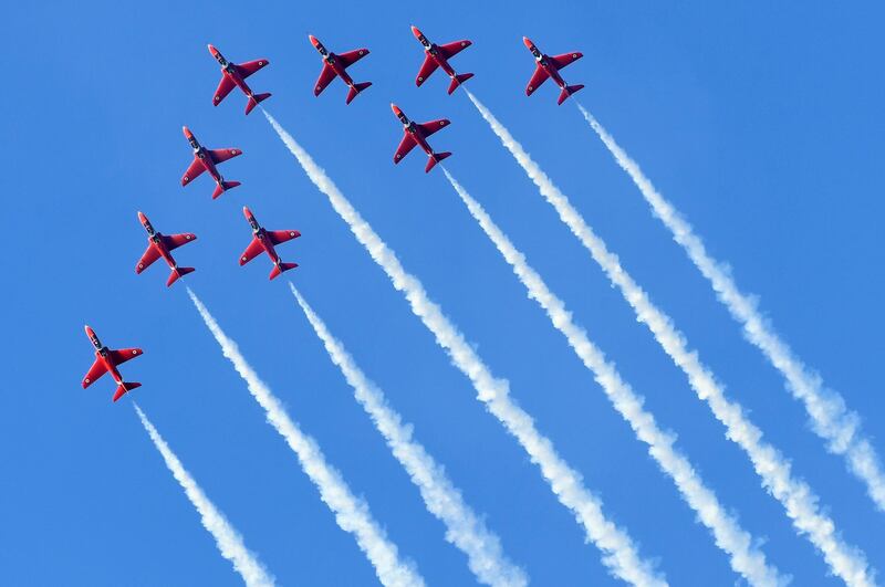 The Red Arrows fly over Carbis Bay and St Ives during the G7 summit. Getty