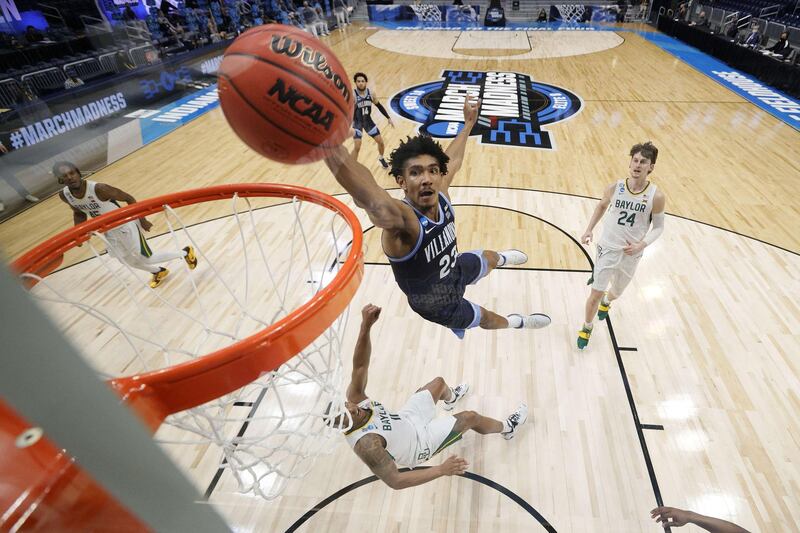 Villanova Wildcats Jermaine Samuels goes up for a dunk against the Baylor Bearsat the NCAA basketball tournament at Hinkle Fieldhouse in Indiana on Saturday, March 27. Getty