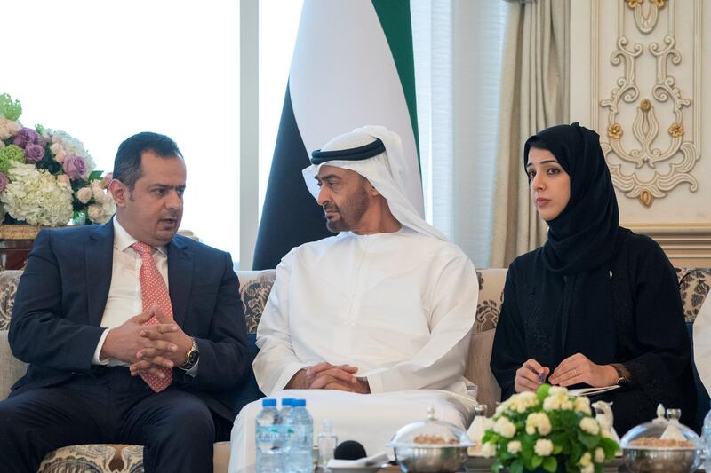 ABU DHABI, UNITED ARAB EMIRATES - June 10, 2019: HH Sheikh Mohamed bin Zayed Al Nahyan, Crown Prince of Abu Dhabi and Deputy Supreme Commander of the UAE Armed Forces (C) meets with HE Dr Maeen Abdulmalik, Prime Minister of Yemen (L), during a Sea Palace barza. Seen with HE Reem Ibrahim Al Hashimi, UAE Minister of State for International Cooperation (R).

( Mohamed Al Hammadi / Ministry of Presidential Affairs )
---