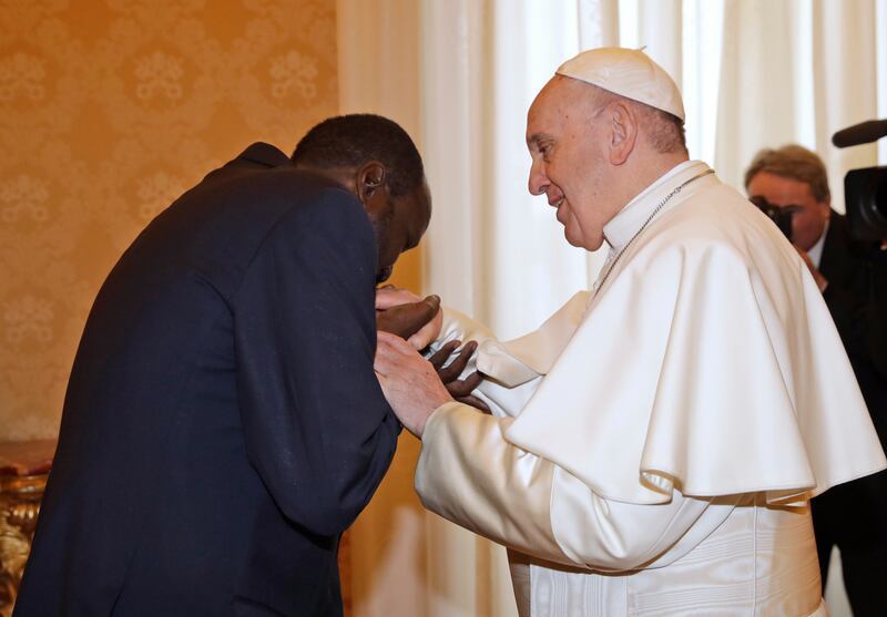 Pope Francis, pictured with South Sudan President Salva Kiir at an audience in 2019, is recovering his mobility after surgery, the Vatican says.  AP
