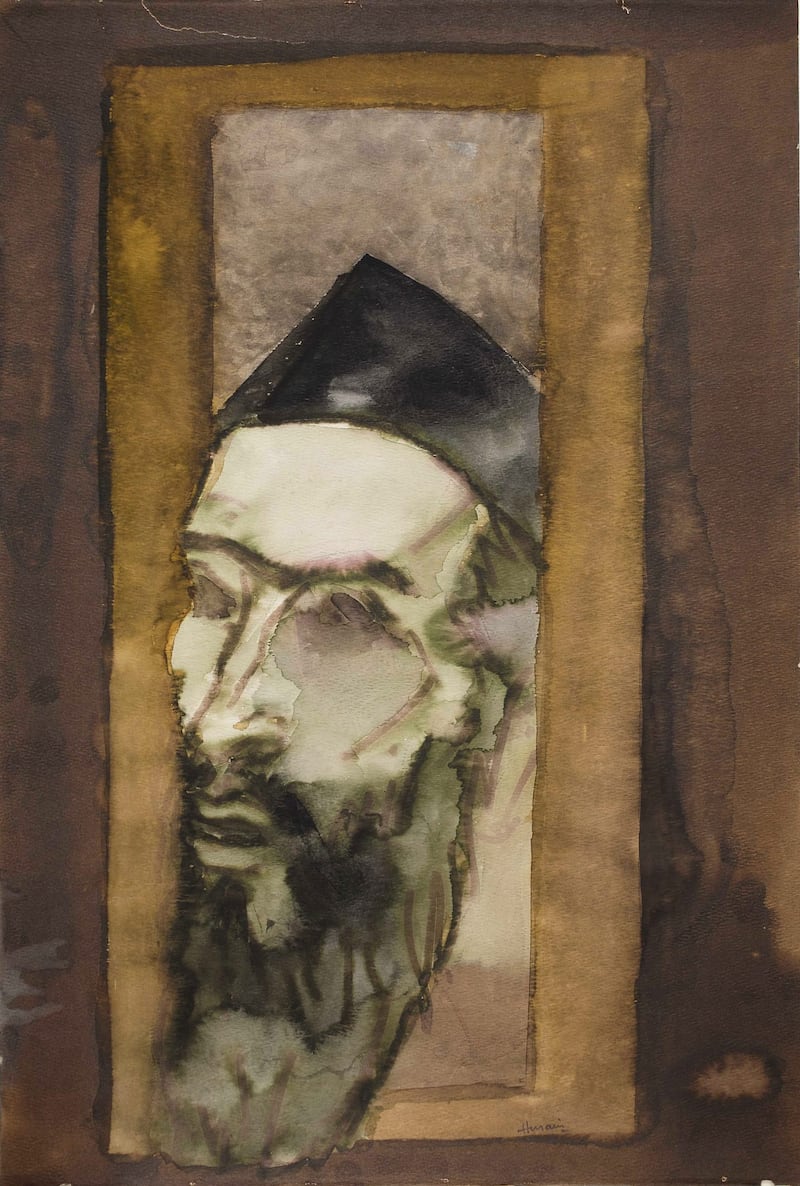 A handout image of MF Husain, Self Portrait, WC on paper, 55.4 X 37.9 cm for MAQBOOL (Courtesy: Sovereign) *** Local Caption ***  AL20NO-CROWNS-HUSAIN.jpg