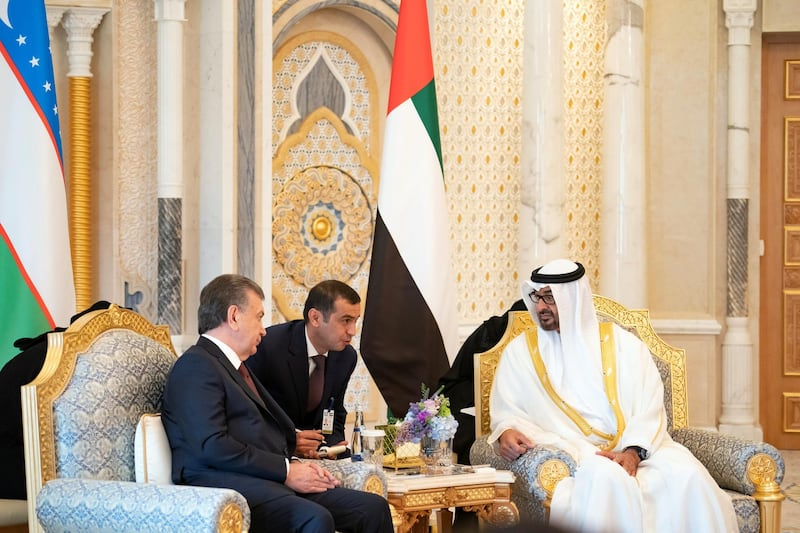 ABU DHABI, UNITED ARAB EMIRATES - March 25, 2019: HH Sheikh Mohamed bin Zayed Al Nahyan, Crown Prince of Abu Dhabi and Deputy Supreme Commander of the UAE Armed Forces (R) meets with HE Shavkat Mirziyoyev, President of Uzbekistan (L), during a reception at the Presidential Palace.

( Ryan Carter / Ministry of Presidential Affairs )
---