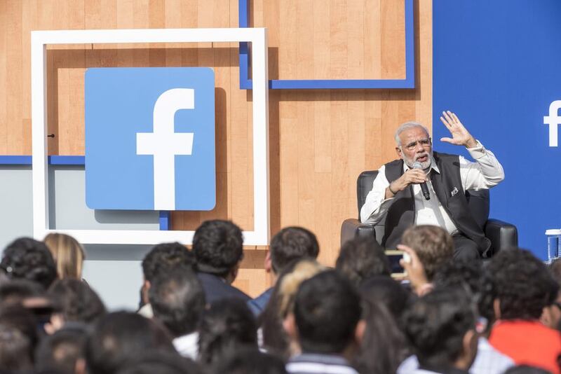 Narendra Modi speaks during a town hall meeting at Facebook headquarters in Menlo Park, California, US, on Sunday, September 27, 2015. David Paul Morris/Bloomberg