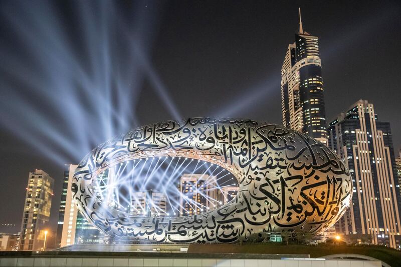 DUBAI UNITED ARAB EMIRATES. 01 DECEMBER 2020. Test of the light show to celebrate the 49th UAE National Day celebrations projected on the Museum of The Future. (Photo: Antonie Robertson/The National) Journalist: None. Section: National.
