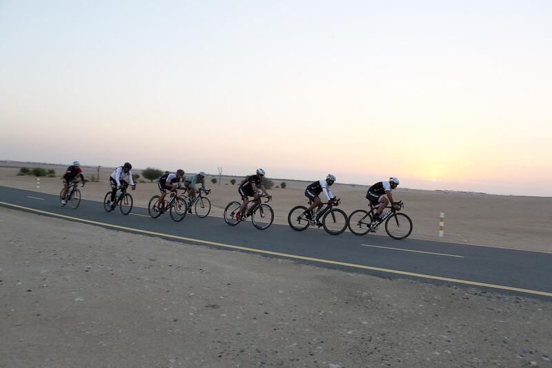 DUBAI , UNITED ARAB EMIRATES – Jan 14 , 2016 : Cyclists riding their bicycle on the Al Qudra cycle track in Dubai. ( Pawan Singh / The National ) For News. Story by Nadeem Hanif. ID no : 11293
 *** Local Caption ***  PS1401- CARS ON TRACK06.jpg