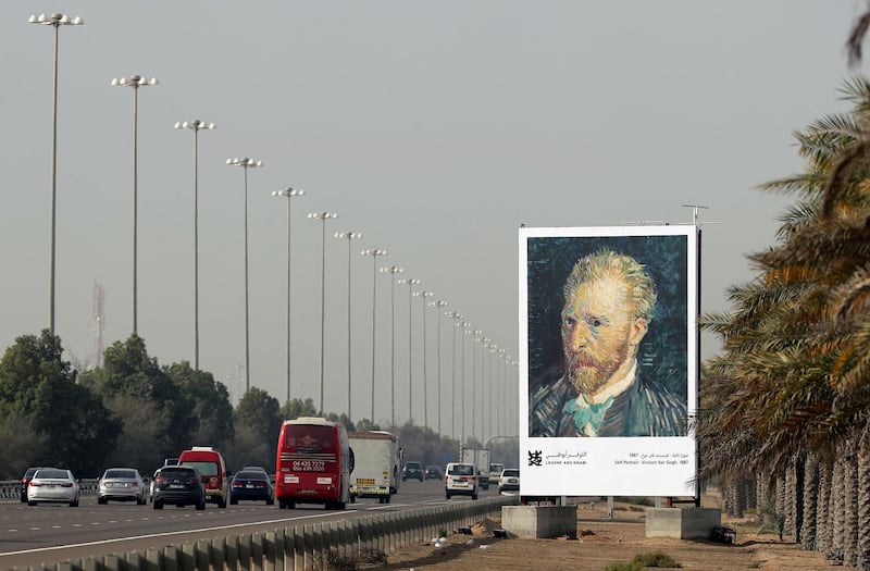 Between Dubai and Abu Dhabi, United Arab Emirates - February 13th, 2018: Vincent van Gogh billboard on the E11 advertising the Louvre. Tuesday, February 13th, 2018. Between Dubai and Abu Dhabi. Chris Whiteoak / The National