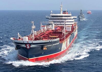 epa07740308 A handout picture provided by the British Ministry of Defence (MOD) shows the Stena Important being accompanied by the British Navy frigate HMS Montrose and the Sea Ploeg vessel through the Strait of Hormuz between the Persian Gulf and the Gulf of Oman, 25 July 2019. The Royal Navy has started providing escort for British-flagged ships passing through the Strait of Hormuz  following Iran's seizure of British-flagged tanker Stena Impero.  EPA/MOD/BRITISH MINISTRY OF DEFENCE/HANDOUT MANDATORY CREDIT: MOD/CROWN COPYRIGHT HANDOUT EDITORIAL USE ONLY/NO SALES