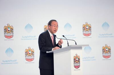 DUBAI, UNITED ARAB EMIRATES - February 09, 2015: HE Ban Ki-moon Secretary General of the United Nations (UN) delivers a speech on the opening day of The Government Summit 2015.

( Ryan Carter / Crown Prince Court - Abu Dhabi )
--- *** Local Caption ***  20150209RC_C061762.JPG