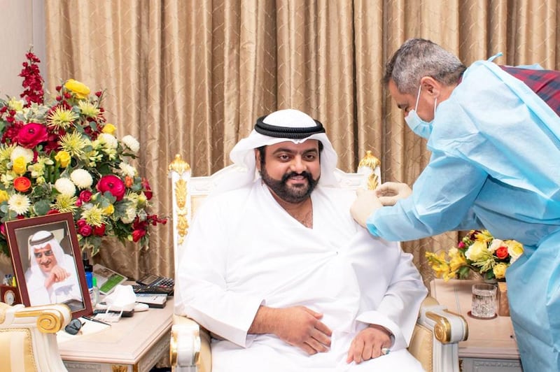 Sheikh Mohammed bin Hamad Al Sharqi, Crown Prince of Fujairah, receives his first dose of the Covid-19 vaccine on Wednesday. Wam
