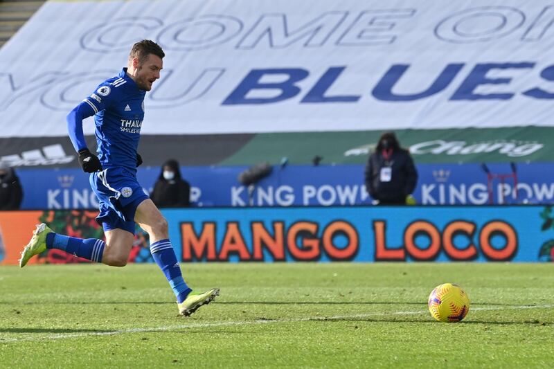 Leicester's Jamie Vardy scores against Liverpool at the King Power Stadium. AP