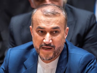 Iran's Foreign Minister Hossein Amir Abdollahian speaks to members of Security Council during a meeting to address the situation in the Middle East, at U. N.  headquarters in New York City, New York, U. S. , April 18, 2024.  REUTERS / Eduardo Munoz