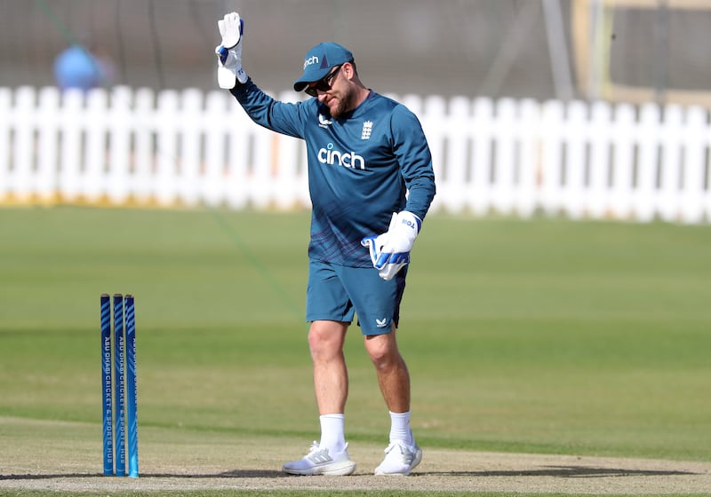 England head coach Brendon McCullum takes the gloves during a training session at the Abu Dhabi Sports Hub