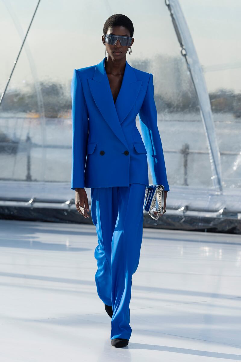 A relaxed suit in galactic blue.