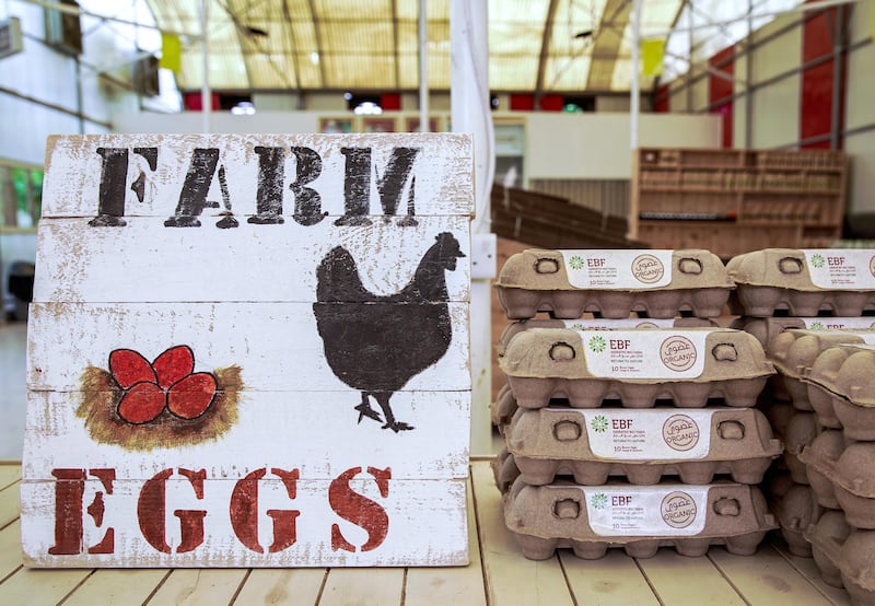 Abu Dhabi, United Arab Emirates, April 2, 2020.  Visit to a UAE farm, Emirates Bio Farm at Al Ain to learn about how they are dealing with coronavirus outbreak.
  Organic fresh farm eggs at the EBF store.
Victor Besa / The National
Section:  NA
Reporter:  Dan Sanderson
