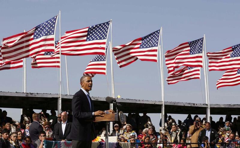 US president Barack Obama speaks at the Cannon Ball Flag Day Celebration at the Standing Rock Sioux Reservation in North Dakota on June 13, 2014. Larry Downing / Reuters