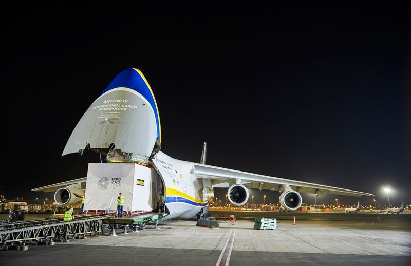 The world’s biggest cargo aircraft was chartered to carry heavy projectors, each weighing more than 46 tonnes, for the Al Wasl steel trellis dome at the Expo 2020 Dubai site