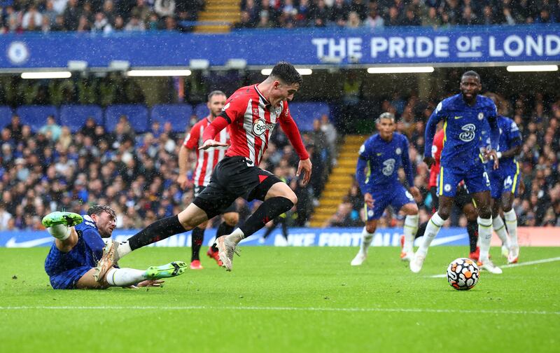 Valentino Livramento is fouled by Chelsea's Ben Chilwell to earn Southampton a penalty. Getty