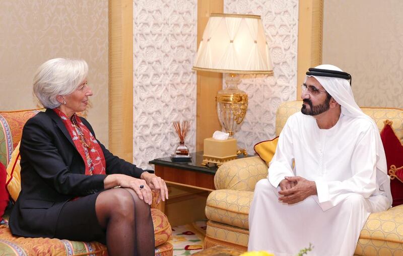 Sheikh Mohammed bin Rashid, Vice President and Ruler of Dubai, welcomes Christine Lagarde, the managing director of the International Monetary Fund, who will be addressing the two-day Global Women’s Forum in Dubai, which starts on Tuesday. Wam
