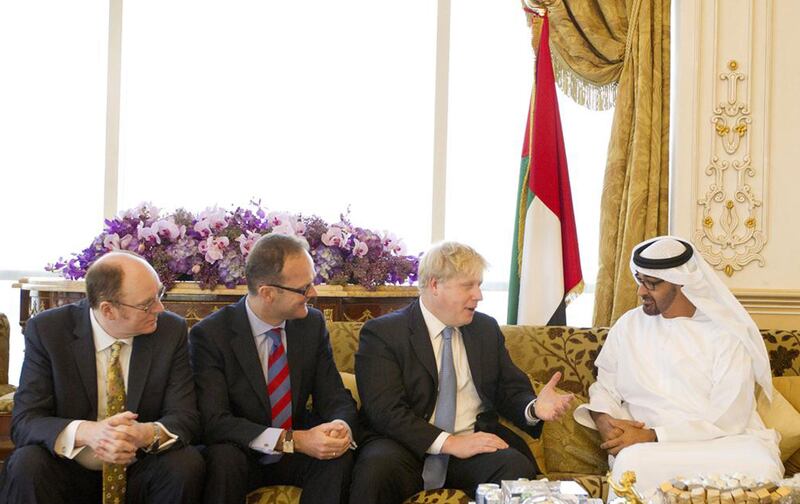 epa03663375 A handout picture made available on 15 April 2013 by Emirates News Agency(WAM) showing General Sheikh Mohammed bin Zayed Al Nahyan (R) Abu Dhabi Crown Prince and Deputy Supreme Commander of the UAE Armed Forces talking with Mayor of London Boris Johnson (2-R) in Abu Dhabi, United Arab Emirates. Johnson is making his first visit to Middle East, and the Gulf states including Dubai, Abu Dhabi and Doha to improve the business relations and look for new investment opportunities. The mayor hopes to raise billions of pounds of investments for London.  EPA/WAM / HANDOUT  HANDOUT EDITORIAL USE ONLY/NO SALES *** Local Caption ***  03663375.jpg