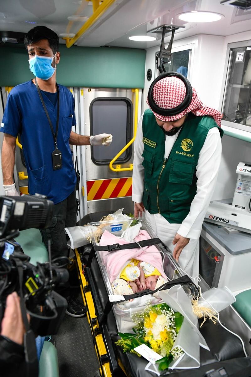 Yemeni conjoined twins Mawadda and Rahma arrive in Riyadh from Aden to undergo separation surgery. Photo: KS Relief