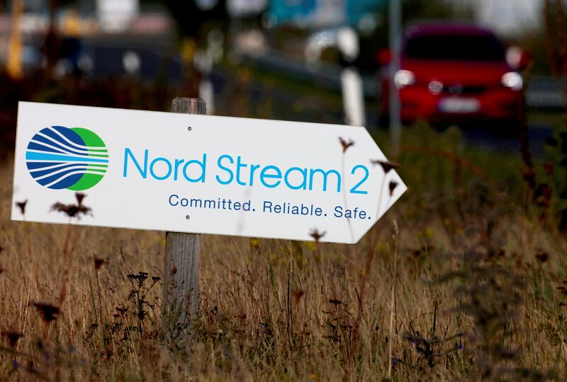 A road sign directs traffic towards the Nord Stream 2 gas line landfall plant entrance in Lubmin, Germany. Reuters