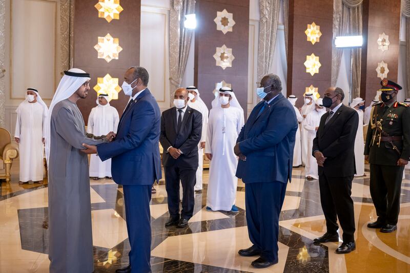 General Abdel Fattah Al Burhan, President of the Transitional Sovereignty Council of Sudan, with the UAE President. Abdulla Al Junaibi for the Ministry of Presidential Affairs