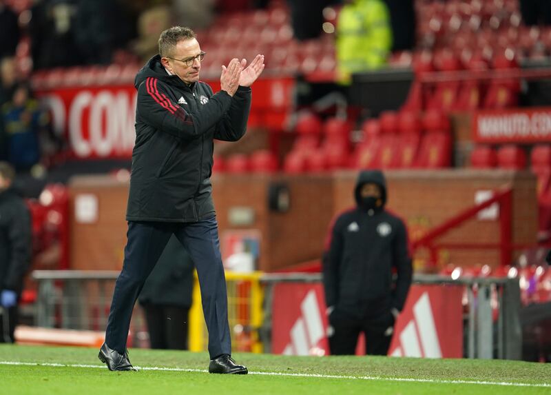 Manchester United's manager Ralf Rangnick celebrates at the end of the match against Crystal Palace at Old Trafford. AP