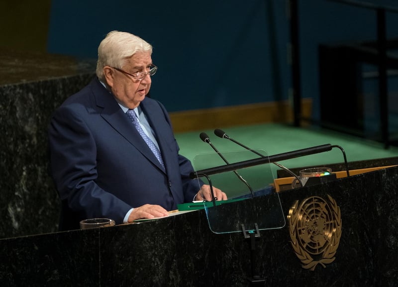 Syrian Deputy Prime Minister and Minister for Foreign Affairs Walid al-Moallem addresses the United Nations General Assembly, Saturday, Sept. 23, 2017, at U.N. headquarters. (AP Photo/Craig Ruttle)
