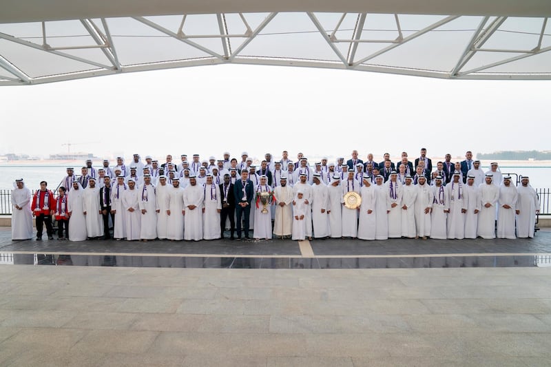 ABU DHABI, UNITED ARAB EMIRATES - October 01, 2018: HH Sheikh Mohamed bin Zayed Al Nahyan Crown Prince of Abu Dhabi Deputy Supreme Commander of the UAE Armed Forces (18th L), stands for a photograph with Al Ain Football Club, during a Sea Palace barza. Seen with HH Sheikh Abdullah bin Mohamed bin Khaled Al Nahyan (11th L), HH Sheikh Saeed bin Mohamed Al Nahyan (12th L),  HH Sheikh Tahnoon bin Mohamed Al Nahyan, Ruler's Representative in Al Ain Region (17th L), HH Sheikh Tahnoon bin Mohamed bin Tahnoon Al Nahyan (front row), HH Sheikh Hazza bin Zayed Al Nahyan, Vice Chairman of the Abu Dhabi Executive Council (22nd L) and HH Sheikh Sultan bin Tahnoon Al Nahyan Abu Dhabi Executive Council Member (25th L). 



( Hamad Al Kaabi / Crown Prince Court - Abu Dhabi )
---