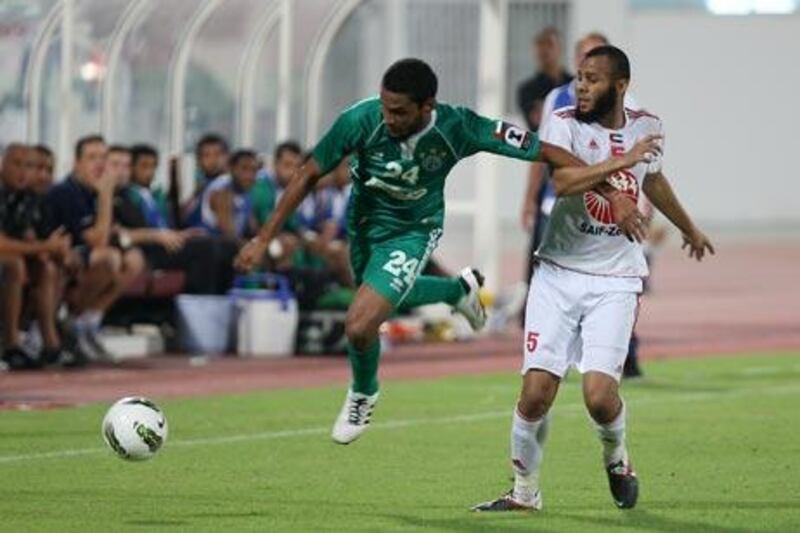Al Shabab‘s Essa Obaid, left, score two goals in their Etisalat Cup defeat of Sharjah.