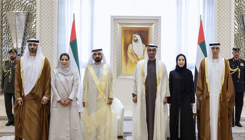 President Sheikh Mohamed and Sheikh Mohammed bin Rashid, Prime Minister and Ruler of Dubai, attend a swearing-in ceremony for ministers, at Qasr Al Watan. Dubai Media Office