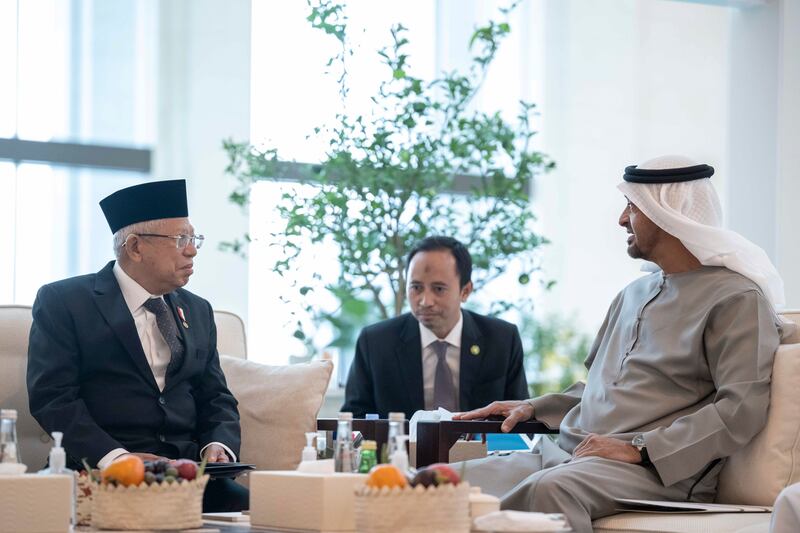 President Sheikh Mohamed bin Zayed with Dr Ma'ruf Amin, vice president of Indonesia (L) at the Shati Palace on Wednesday. Photo: UAE Presidential Court