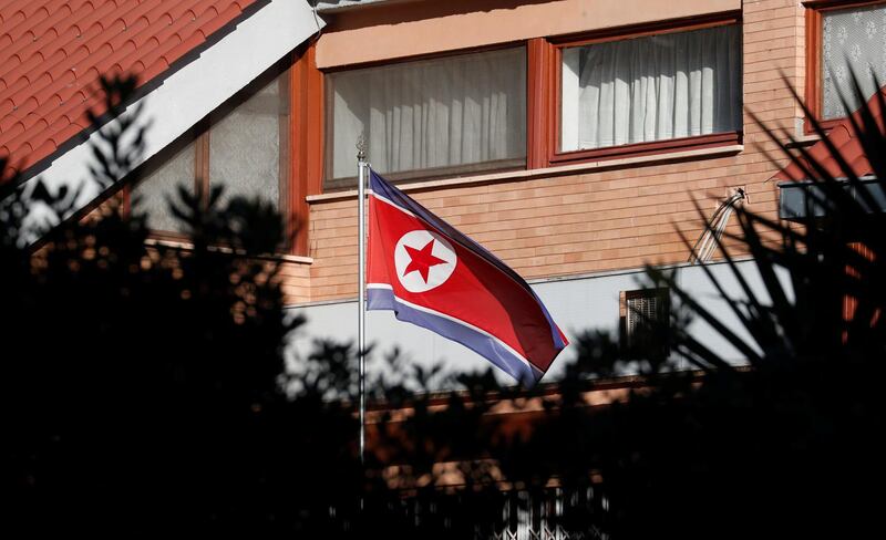 REFILE - CORRECTING TYPO  The flag of North Korea flutters in front of its embassy in Rome, Italy, January 3, 2019. REUTERS/Alessandro Bianchi